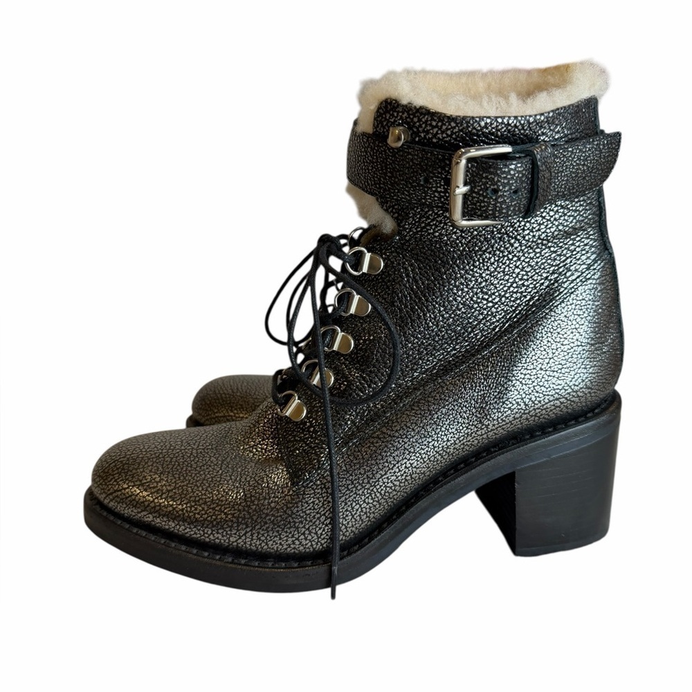 FREE LANCE Paris Shearling Lined Leather Combat Boots EU 39 Silver Metallic - Picture 3 of 14
